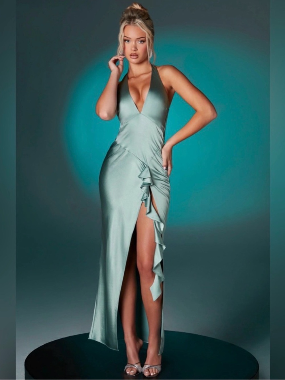 Oh Polly Satin Halter Maxi Dress in Sage Green with Ruffle Slit